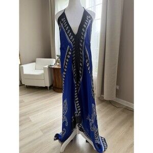 KMA Blue Black Paisley Halter Backless Maxi Dress V-Neck One Size 100% Viscose